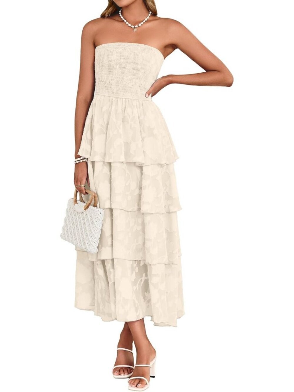 Women's Strapless Maxi Dress Boho Floral Off Shoulder Dress Beige Beach Sundress